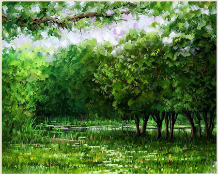 painting - nice, trees, peaceful, watercolor, drawing, calm, painting, nature, cool, beautiful, leaves, green, grass