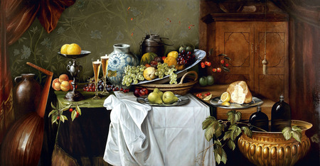 Feast - melons, plums, bowls, wine, plates, bottles, tassels chest, curtains, cloth, dishes, table, orange, vases, berries, grapes, instrument, glasses, lemon