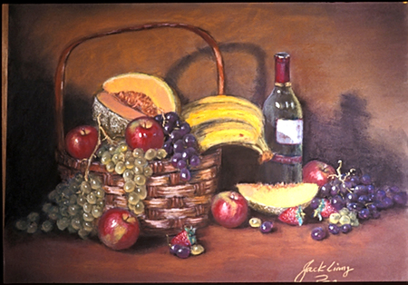 Fruit With Wine - fruits, basket, wine, apples, bananas, still, life, cantalope, grapes, bottle