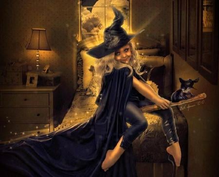 The Witchling - witch, broom, magic, girl, cat