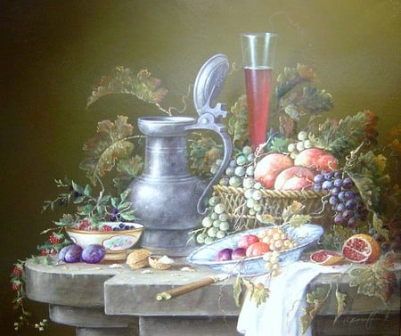 Full  oF Life - tea towel, nuts, coffee, plums, bowls, leaves, basket, berries, grapes, wine, knife, pomagranite, carafe, glass, peaches