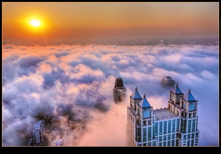 Touching the heavens - mists, clouds, golden sky, sunset, skyscrapers