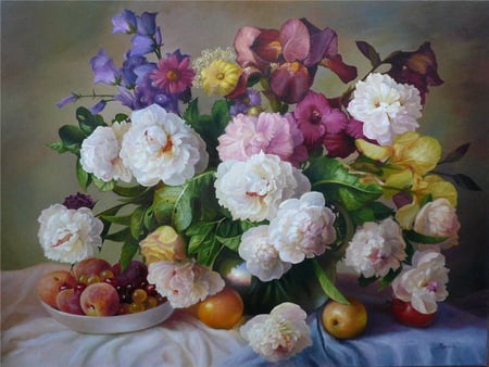 Flowers for Helen - cloth, painting, bowl, table, flowers, bouquet, fruit