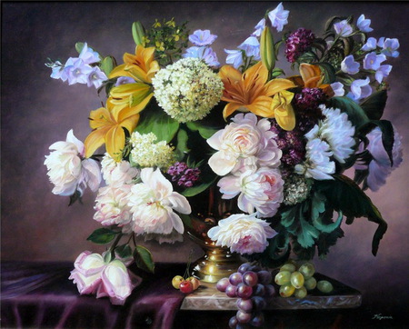 Flowers for Carmen - urn, cherries, cloth, table, bouquet, flowers, grapes, painting, marble