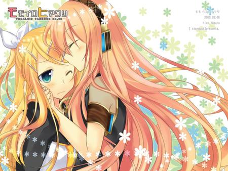 Megurine Luka & Kagamine Rin - pretty, snowflakes, luka, rin, headphones, yellow hair, kiss, nice, program, megurine, beauty, virtual, care, megurine luka, cute, aqua eyes, bow, vocaloid, anime, yellow, blue, stars, aqua, kagamine rin, pink white, pink hair, idol, kagamine, beautiful, girl, cool, awesome, diva, vocaloids, headset