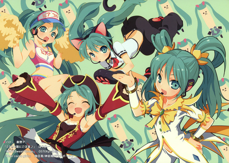 Hatsune Miku - aqua, headset, music, colorful, cool, aqua eyes, hatsune miku, song, vocaloids, vocaloid, beautiful, uniform, diva, nice, beauty, cheerleader, twintail, aqua hair, black, virtual, pretty, idol, anime, miku, cute, cat, girl, catgirl, hatsune, microphone, headphones, blue, awesome, pirate