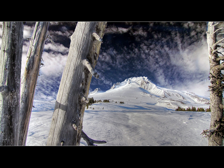 Mount Hood - sky, landscape, places, popular, winter, oregon, black, sesons, nature, white, clouds, blue, snow, colors, frozen