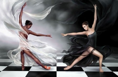 Chess - white, woman, chess, female, dance, fantasy, black