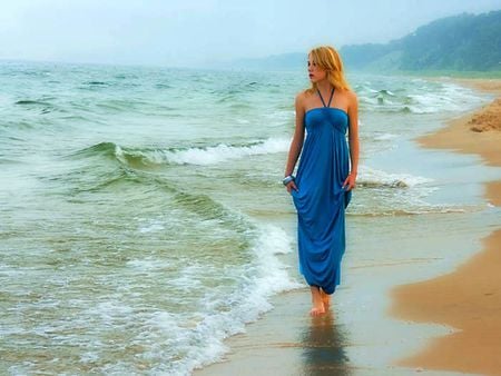 WALKING OCEANSIDE.. - woman, ocean, blue, fog, water, dress, mist, oceanside