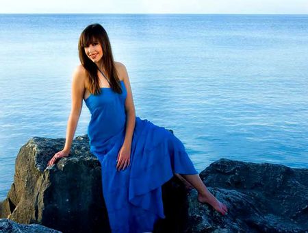 MORNING BLUE... - water, blue, dress, ocean, rocks, sky