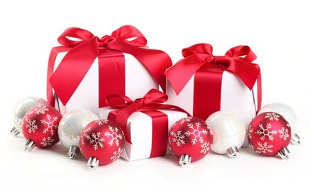 Christmas Balls - pretty, gifts, magic, ornament, holiday, red, merry christmas, xmas, ribbons, ball, happy new year, beautiful, balls, photography, beauty, lovely, christmas, white, new year, 3d, gift