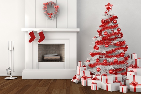 Christmas Tree - pretty, gifts, magic, 2011, room, interior, holiday, fireplace, red, decorations, merry christmas, xmas, living room, ball, happy new year, beautiful, balls, photography, beauty, lovely, tree, christmas, red white, white, christmas tree, picture, new year, gift