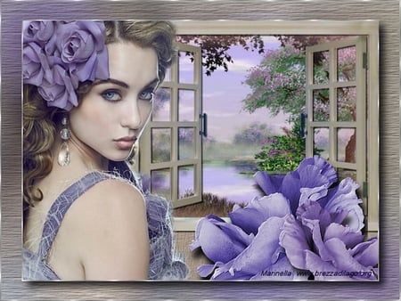 Purple Flower And Girl - purple, girl, 3d, fantasy, cg