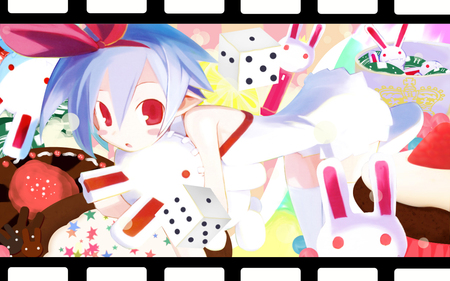 Anime - black, rabbit, white, blue, girl, bunny