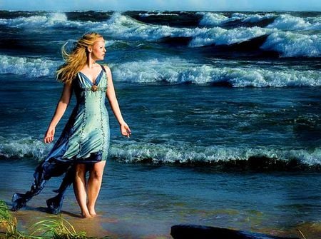 WILD OCEAN.. - beauty, woman, ocean, blue, sunny, dress, oceanside, waves