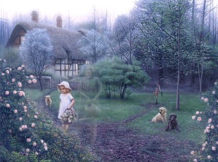 The Ghost In Grandma's Garden - house, trees, ghost, generations, gardens, girl, present, protecting, flowers, past, basket, pump, dogs, grandma, watching, gathering