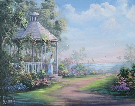 Somewhere In Time - sky, lady, trees, peaceful, water, summer, gardens, elegant, path, gazebo, in thought, beds, colours, flowers, quite, dress