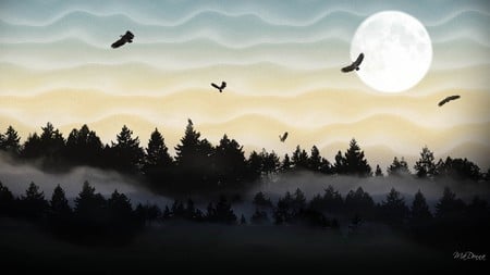 Cool Morning Mist - moon, trees, birds, fog, foggy, forest, misty, mist, eagles, sky