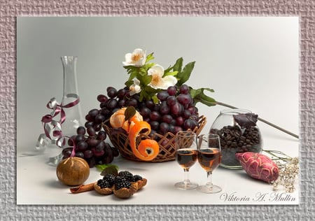 still life - nice, new year, photography, still life, cool, decorations, harmony, drink, coffee, fruits, cup, blackberries, merry christmas, beautiful, flowers, grapes, photo, elegantly