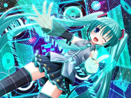 Hatsune Miku - nice, beauty, voclaoids, aqua, thighhighs, twintail, colorful, aqua hair, black, bass, virtual, piano, purple, pretty, cool, idol, anime, miku, aqua eyes, cute, hatsune miku, skirt, girl, hatsune, program, vocaloid, blue, pink, beautiful, tie, awesome, diva