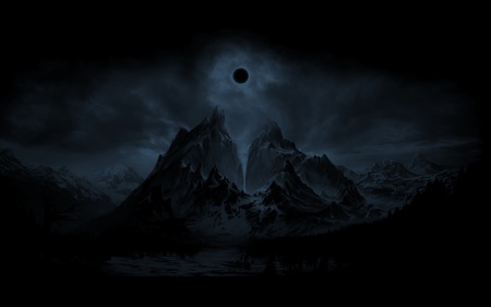 Black mountains - moon, black, snow, mountain, dark