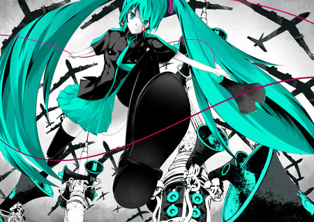 Hatsune Miku - Love is War - pretty, airplanes, tie, blood, anime, vocaloid, twintail, hatsune miku, love is war, megaphone, aqua, music, red, nice, idol, skirt, beautiful, girl, virtual, beauty, cool, black, planes, thighhigh, miku, awesome, gray, diva, cute, hatsune, vocaloids, song