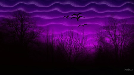 Twilight Delight - geese, trees, birds, fall, sunset, magenta, autumn, ducks, sky