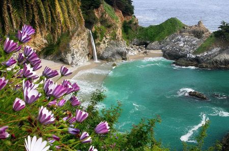 Beautiful place - lake, flowers, waterfall, beautiful