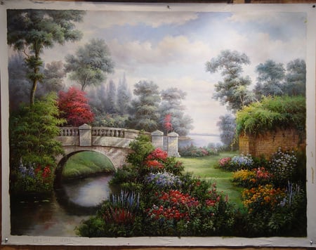 Garden Tranquilty - trees, arched, gardens, brick, flowres, stream, scenic, spring, colours, view, sky, wall, bridge, walks