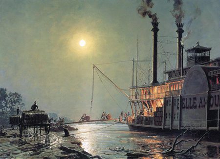 Night Stop - branches, water, men, wagons, ship, cargo, steam, sunset, horses, lights, workers, cables, bay