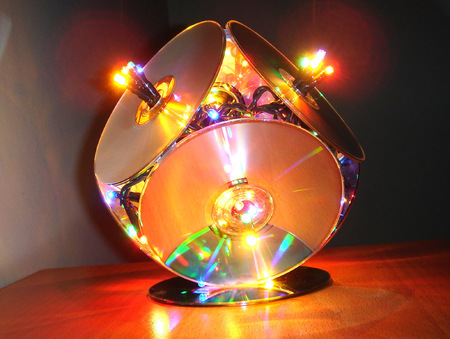 Christmas CD-lamp - gift, cd, light, recycle, regal, christmas, disc, abstract, yellow, home made, red, lamp, compact