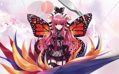 Butterfly Fairy Princess - abstract, anime, anime girl, female, wing, crown, dress, girl, long hair, fantasy, wings, butterfly, fairy, princess, pink hair