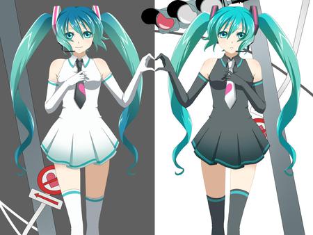 Two Emotions - nice, beauty, aqua, thighhighs, twintail, aqua hair, black, white, virtual, pretty, cool, idol, anime, miku, aqua eyes, cute, hatsune miku, skirt, girl, sad, hatsune, vocaloids, vocaloid, blue, beautiful, tie, awesome, diva, happy