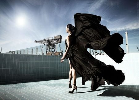 WINDY MORNING - woman, morning, windy, beautiful, dress, wind