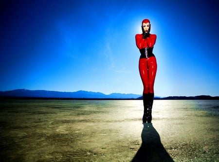 RED LATEX - blue, woman, red, model, latex, beauty, field, sky