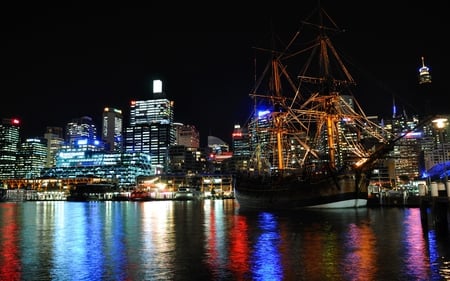 Skyscrapers - beauty, sky, harbour, sailboats, peaceful, water, colorful, port, reflection, house, boat, houses, boats, night, sailing, buildings, lovely, skyscrapers, skyline, beautiful, sailboat, australia, colors, sea, lights