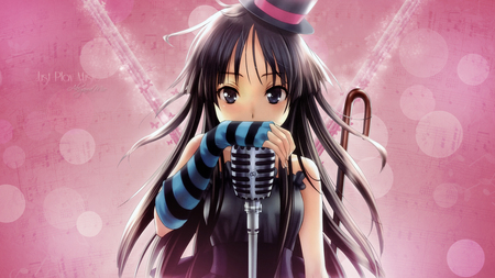 Just play music - anime, female, dress, long hair, superstar, black eye, hat, abstract, anime girl, hot, singer, girl, k on, black hair, mio akiyama, mio, sexy