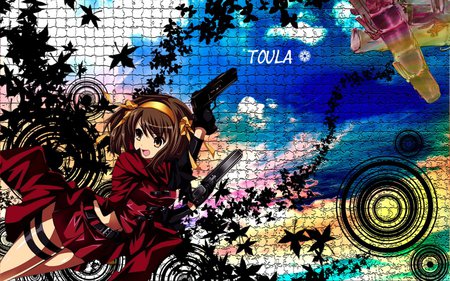 Puzzle - anime, female, yellow eye, dress, short hair, pistol, melancholy of haruhi suzumiya, ribbon, weapon, abstract, the melancholy of haruhi suzumiya, sos brigade, anime girl, hot, gun, girl, brown hair, haruhi suzumiya, cute, sexy