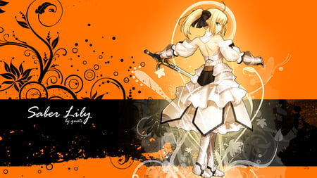 Saber Lily - saber, anime, female, warrior, long hair, armor, weapon, fighter, abstract, anime girl, green eye, hot, girl, sword, blonde hair, orange, blade, black, fantasy, cute, sexy, fate stay night