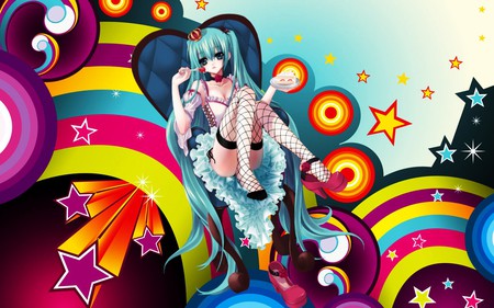 Vocaloid-Gourmandise - anime, multicolor, vocaloid, female, food, dress, hatsune miku, long hair, eat, blue hair, cake, abstract, anime girl, hot, girl, colorful, blue eye, miku, cute, sexy