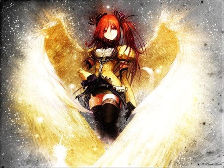 Golden Wings - pretty, star, anime, magic, female, wing, dress, angel, light, magical, long hair, shining, red hair, nice, abstract, anime girl, beautiful, hot, girl, feather, beauty, gold, sweet, spark, fantasy, sparker, red eye, wings, cute, sexy, shine