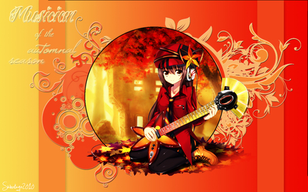 Autumn Guitar - cute, guitar, hot, anime, abstract, anime girl, girl, dress, hat, tie, sexy, orange, female, music