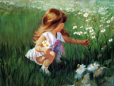 Girl and flowers - white, painting, girl, beautiful, sweet, flowers, grass