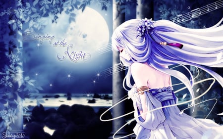 Singing at the Night - pretty, star, anime, magic, female, blue, maiden, dress, night, magical, long hair, petal, superstar, blue hair, sing, nice, moon, abstract, anime girl, beautiful, hot, singer, girl, music note, beauty, sweet, flower, spark, fantasy, sparker, cute, sexy