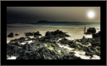 Midnight under the big moon - woman, big moon, walk, sea, rocks