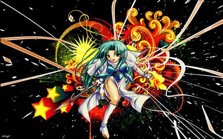 warrior abstract - black, cute, lance, hot, abstract, anime girl, girl, fighter, weapon, green hair, dark, anime, dress, spear, warrior, green eye, long hair, sexy, star, female