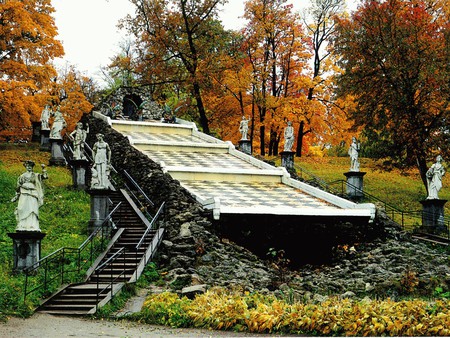 Chess Mountain, St Petersburg, Russia - fall, colour, leaves, statues, park, stairs, autumn