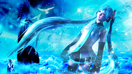 An-Angel-in-the-Night - bird, headphone, anime, vocaloid, female, wing, dress, hatsune miku, long hair, petal, blue hair, sky, statue, abstract, stone, anime girl, hot, rock, girl, cg, fantasy, blue eye, miku, wings, cloud, cute, aqua hair, 3d, sexy