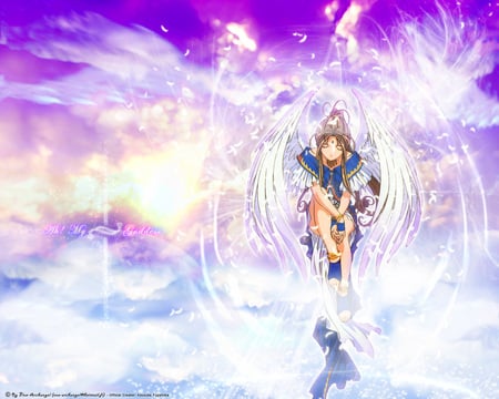 Belldandy - anime, female, wing, dress, angel, long hair, belldandy, goddess, sky, ah my goddess, abstract, anime girl, hot, girl, feather, brown hair, fantasy, wings, cloud, cute, sexy