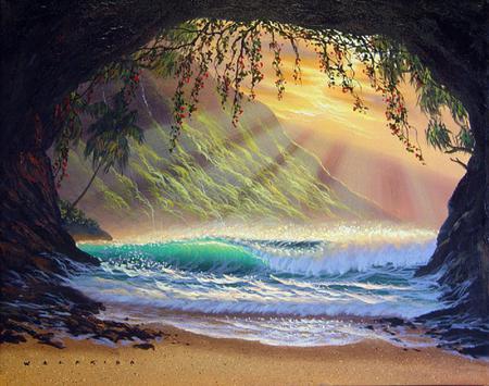 Open For A Showing - rays, beach, trees, serene, water, tropical, mountains, waves, painting, view, cave, sea, sand, sunrise, vines